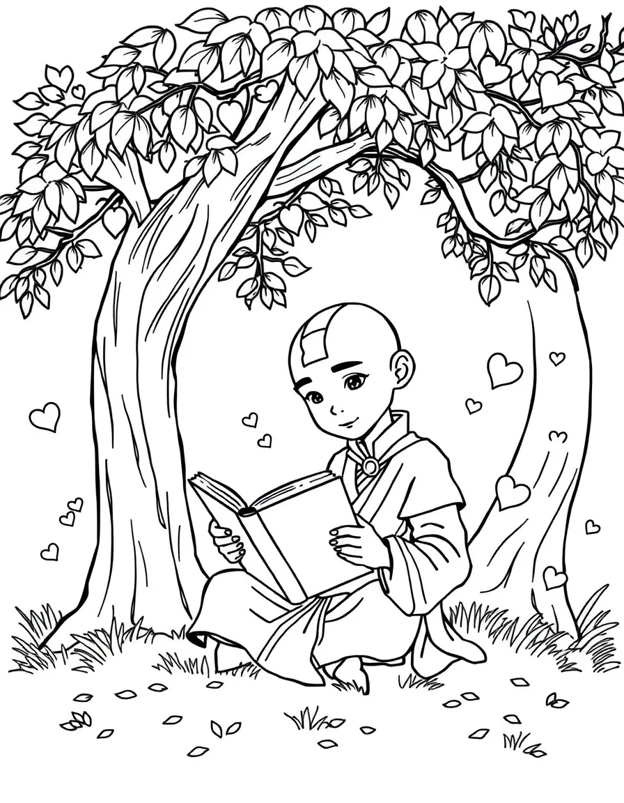 Avatar: The Last Airbender reading a book under a tree, with hearts and sparkles around.