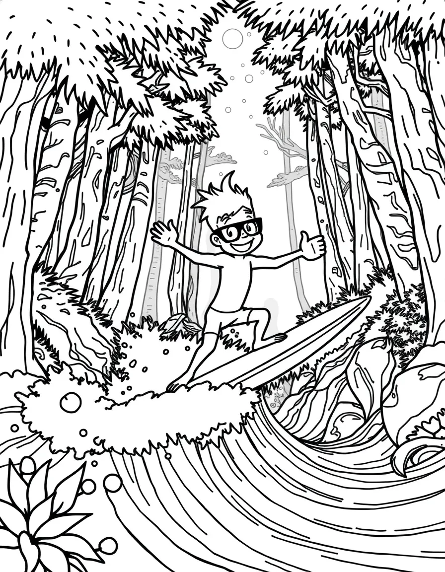 Dexter's Laboratory surfing on waves, in a magical forest setting.