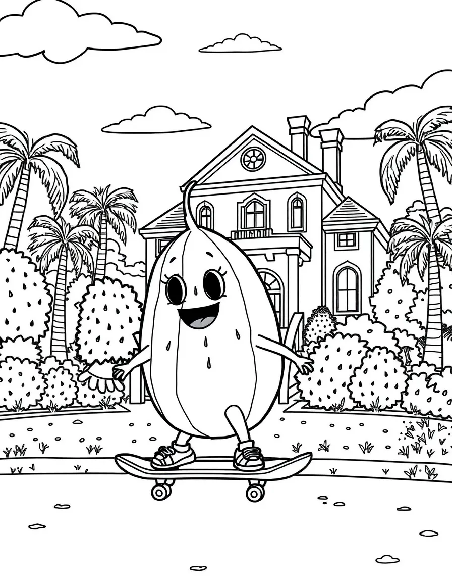 Cocomelon skateboarding in the park, in front of their famous house or scene.