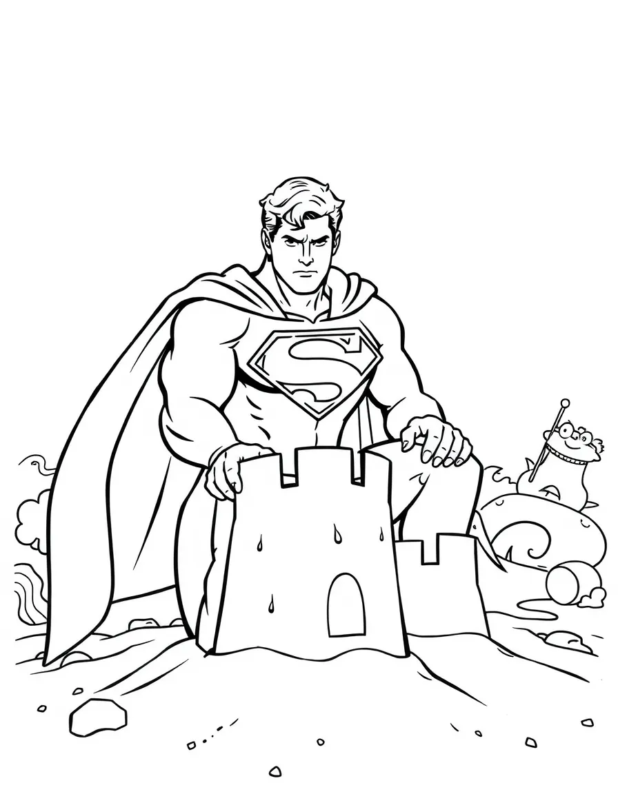 Superman building a sandcastle, with fun background elements.