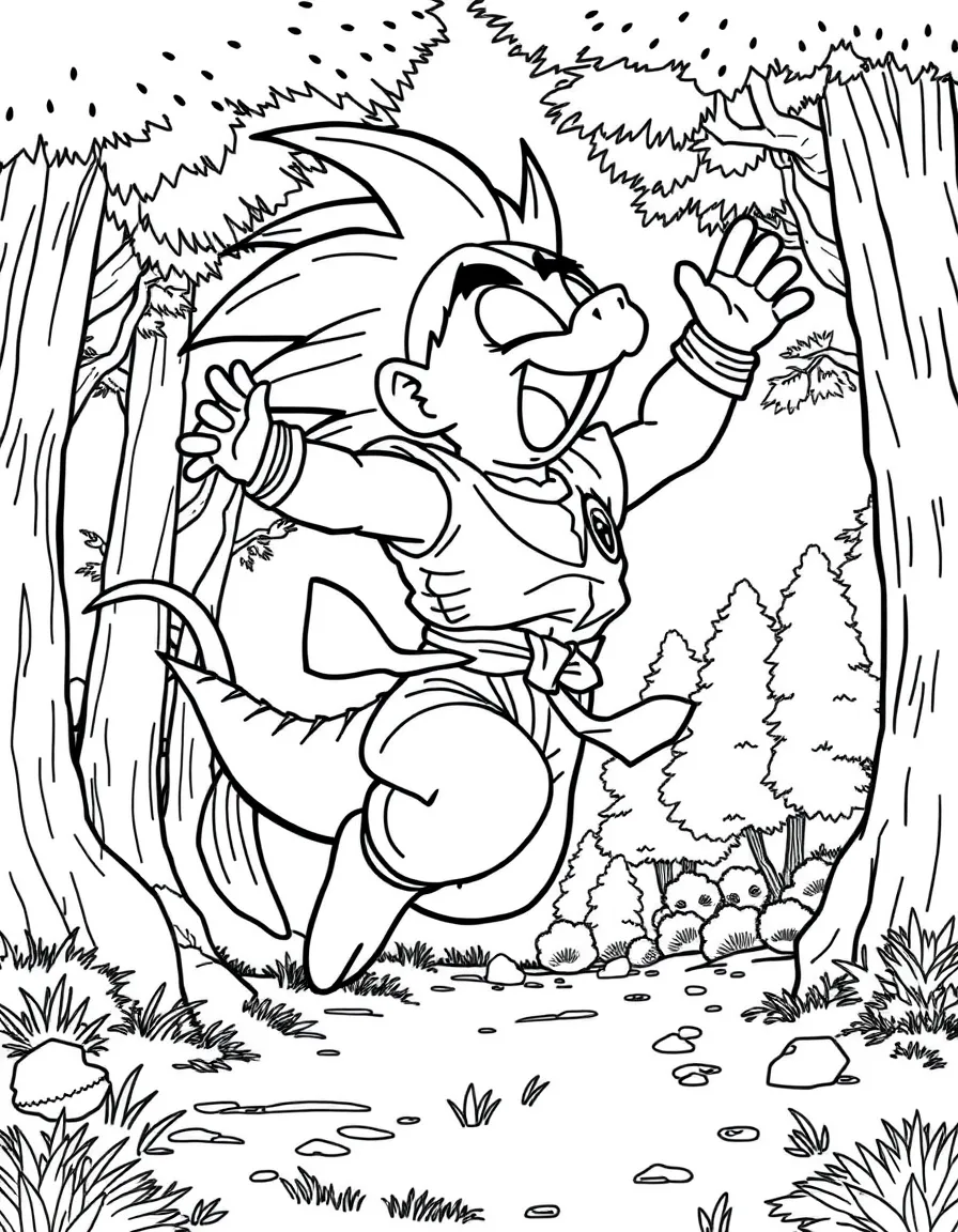 Dragon Ball Z jumping with joy, in a magical forest setting.