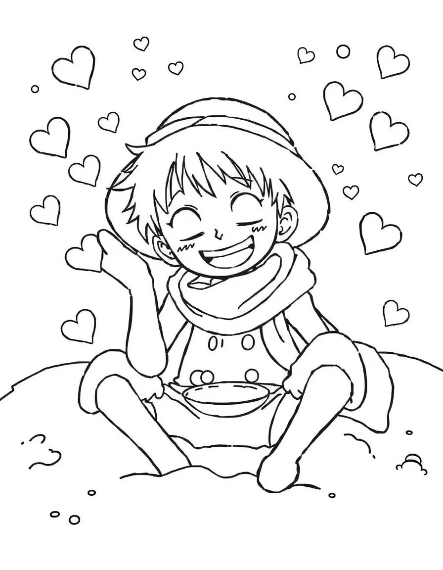 One Piece playing in the snow, with hearts and sparkles around.