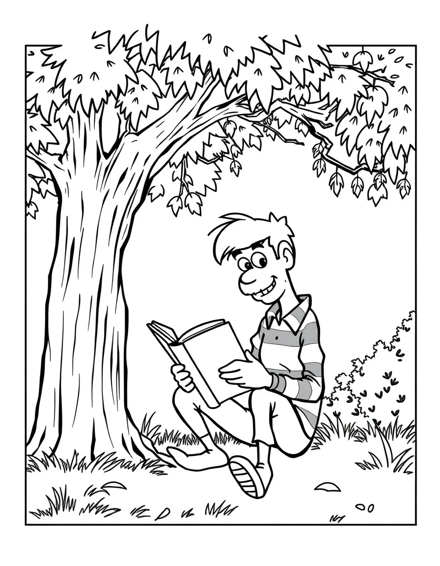 Shaggy Rogers reading a book under a tree, inside a comic book frame.