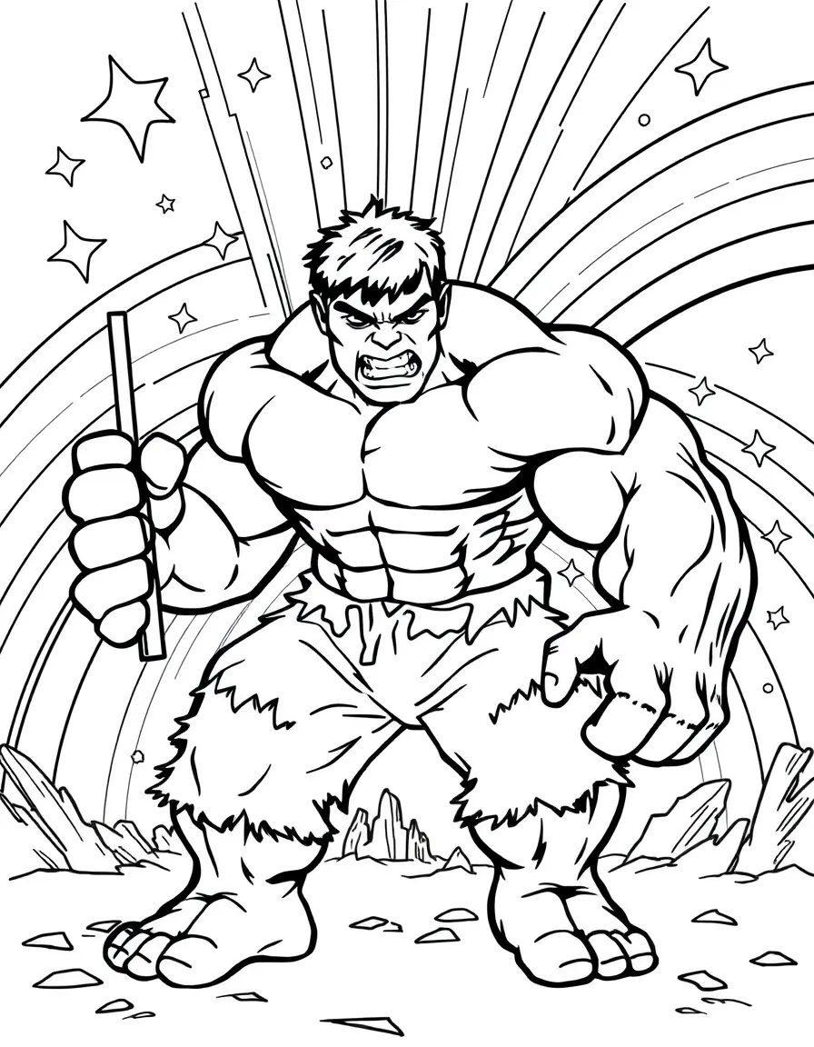 Hulk painting a picture, with stars and rainbows in the background.
