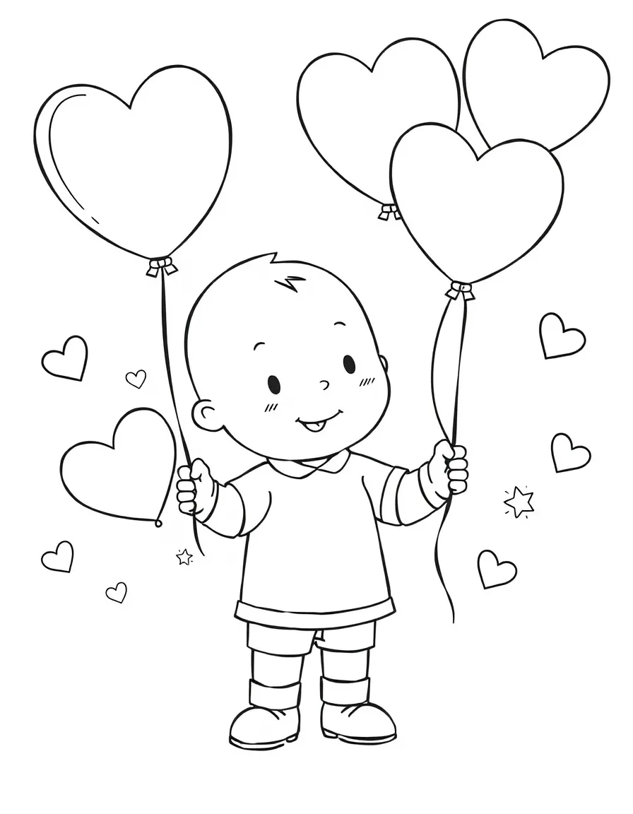 Caillou playing with balloons, with hearts and sparkles around.