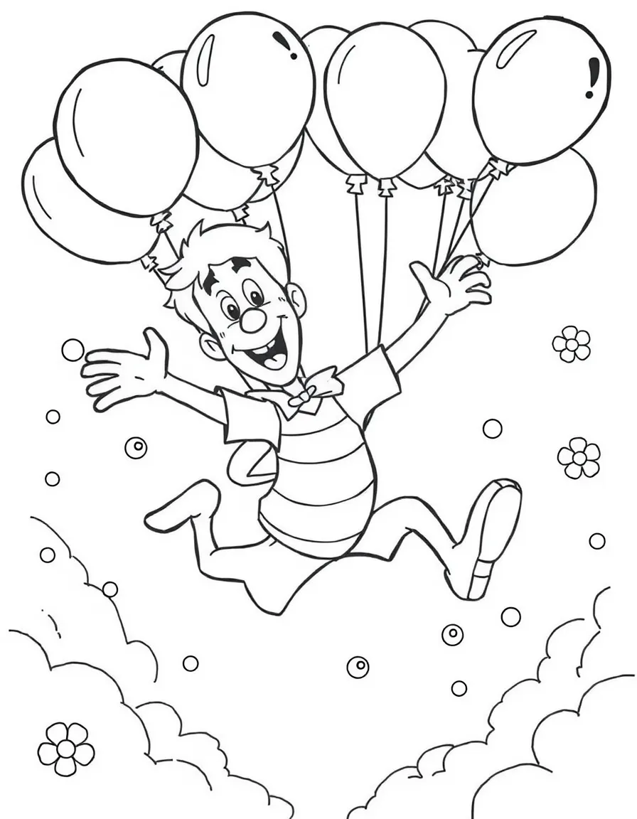 Shaggy Rogers flying with balloons, with playful patterns around.