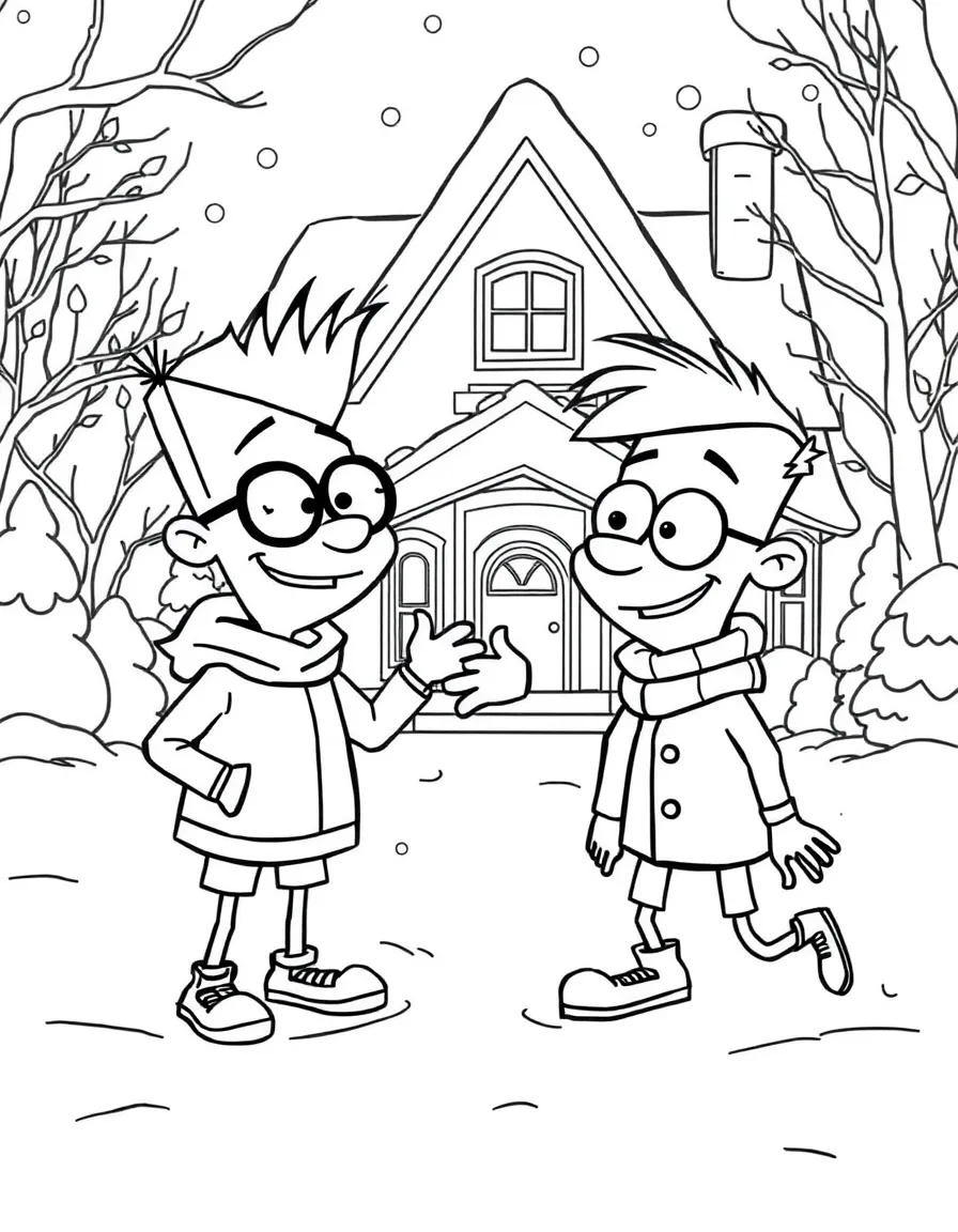 Phineas and Ferb playing in the snow, in front of their famous house or scene.