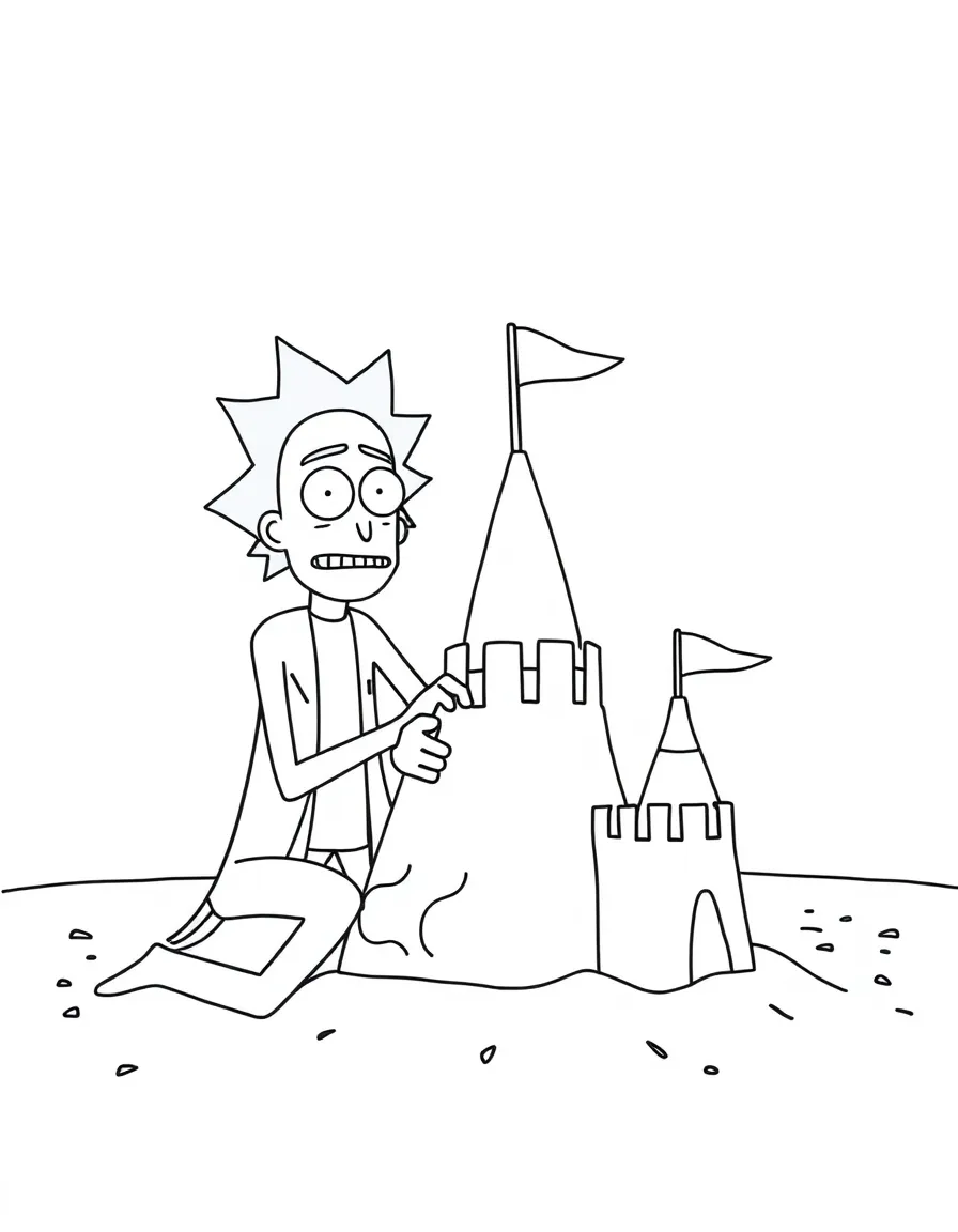Rick and Morty building a sandcastle, with big bold outlines for easy coloring.