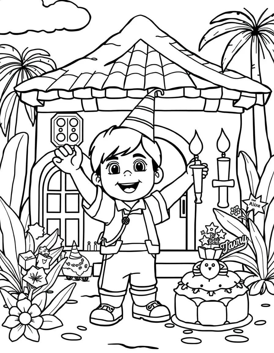 Diego celebrating a birthday, in front of their famous house or scene.