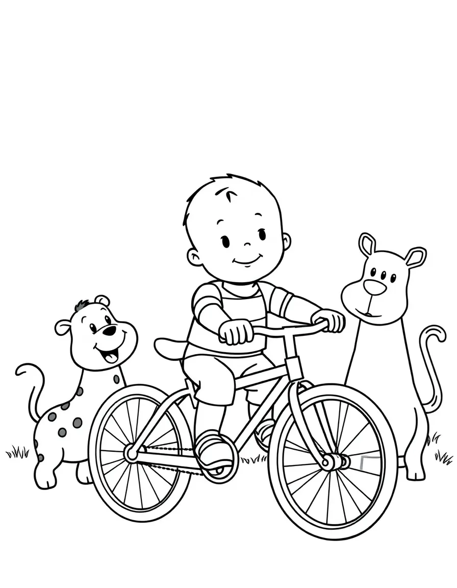 Caillou riding a bicycle, surrounded by friendly animals.