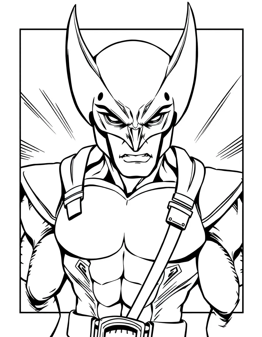 Wolverine wearing a superhero costume, inside a comic book frame.