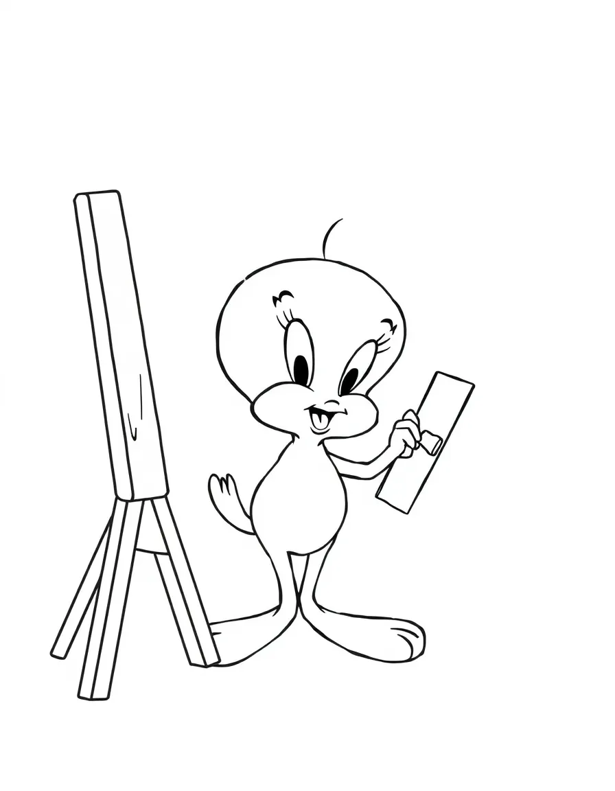 Tweety Bird painting a picture, inside a comic book frame.