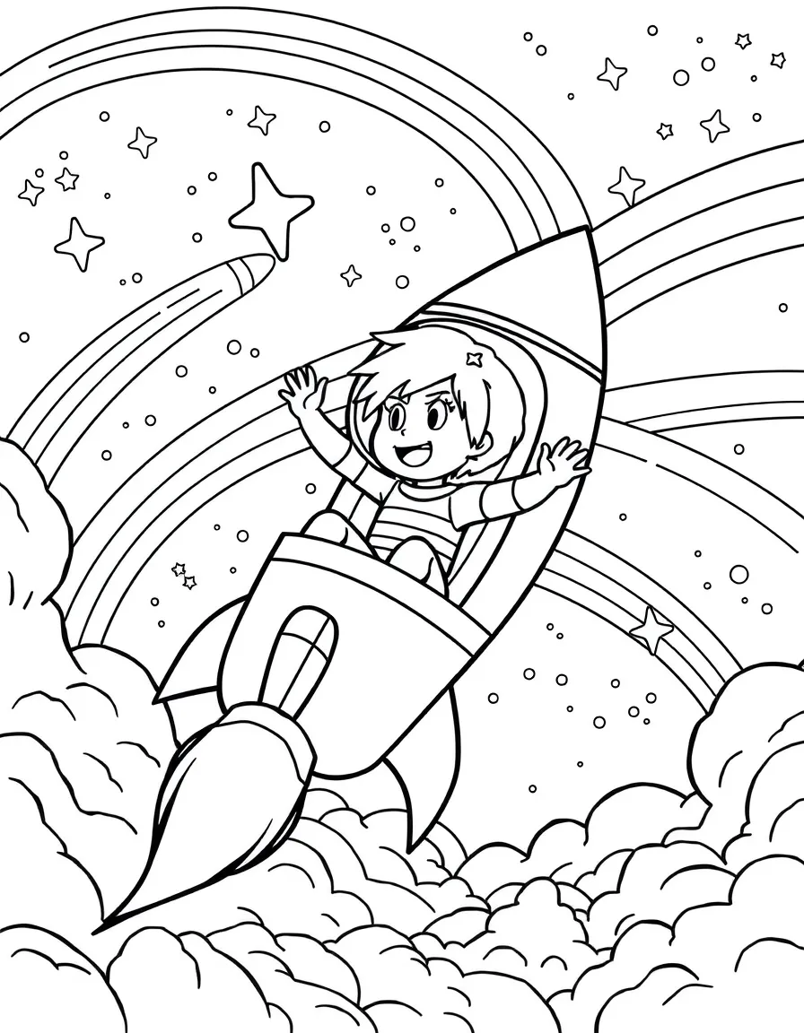 Steven Universe exploring space in a rocket, with stars and rainbows in the background.