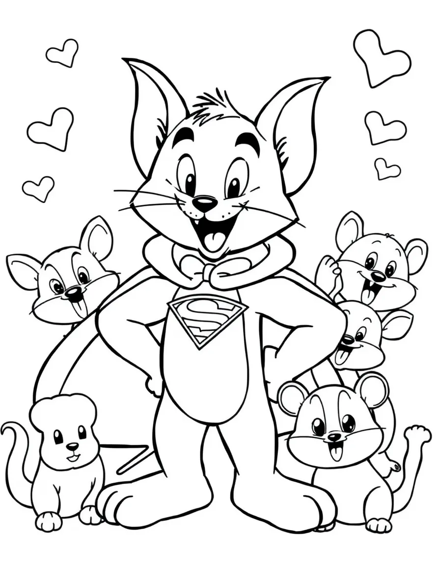 Tom and Jerry wearing a superhero costume, surrounded by friendly animals.