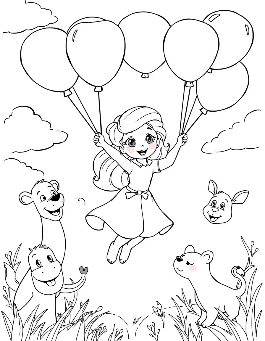 Daphne flying with balloons, surrounded by friendly animals.
