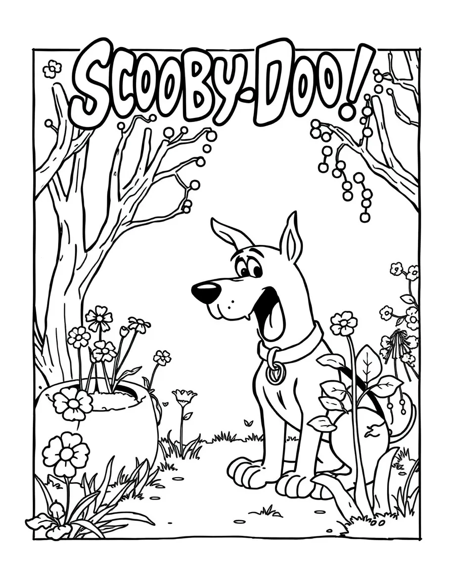 Scooby-Doo gardening, inside a comic book frame.