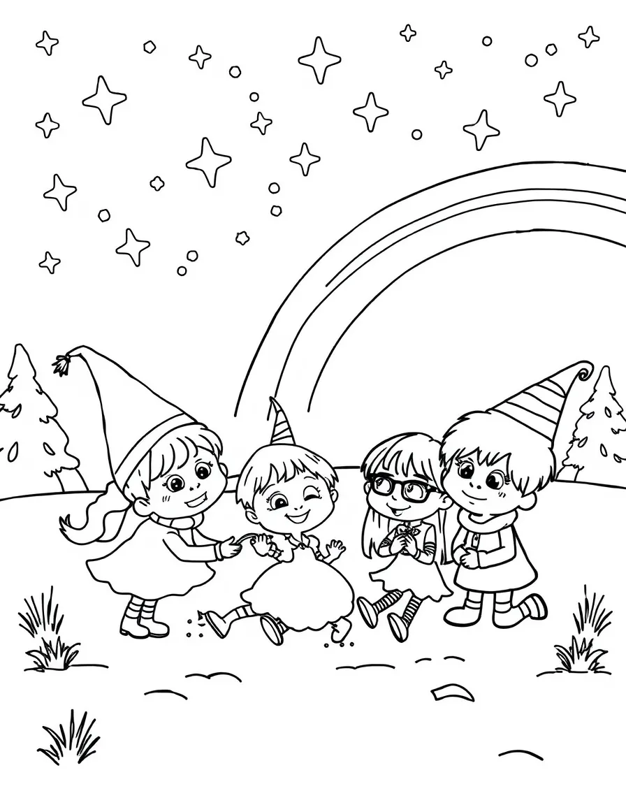 Fairly OddParents playing in the snow, with stars and rainbows in the background.