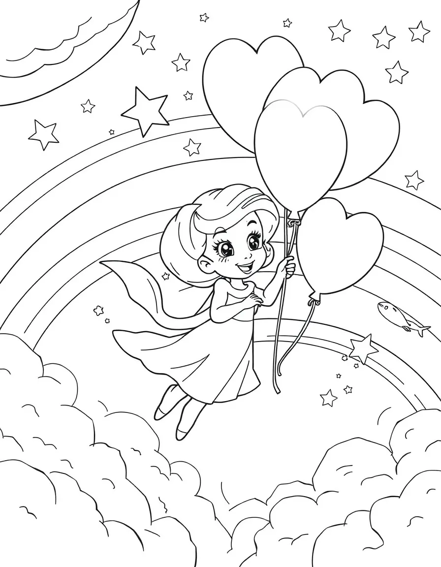 Daphne flying with balloons, with stars and rainbows in the background.