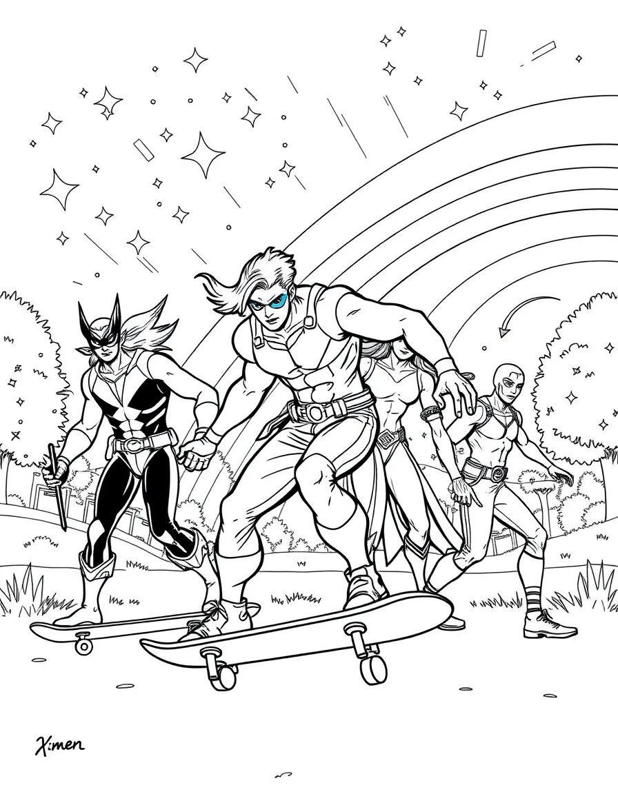 X-Men skateboarding in the park, with stars and rainbows in the background.