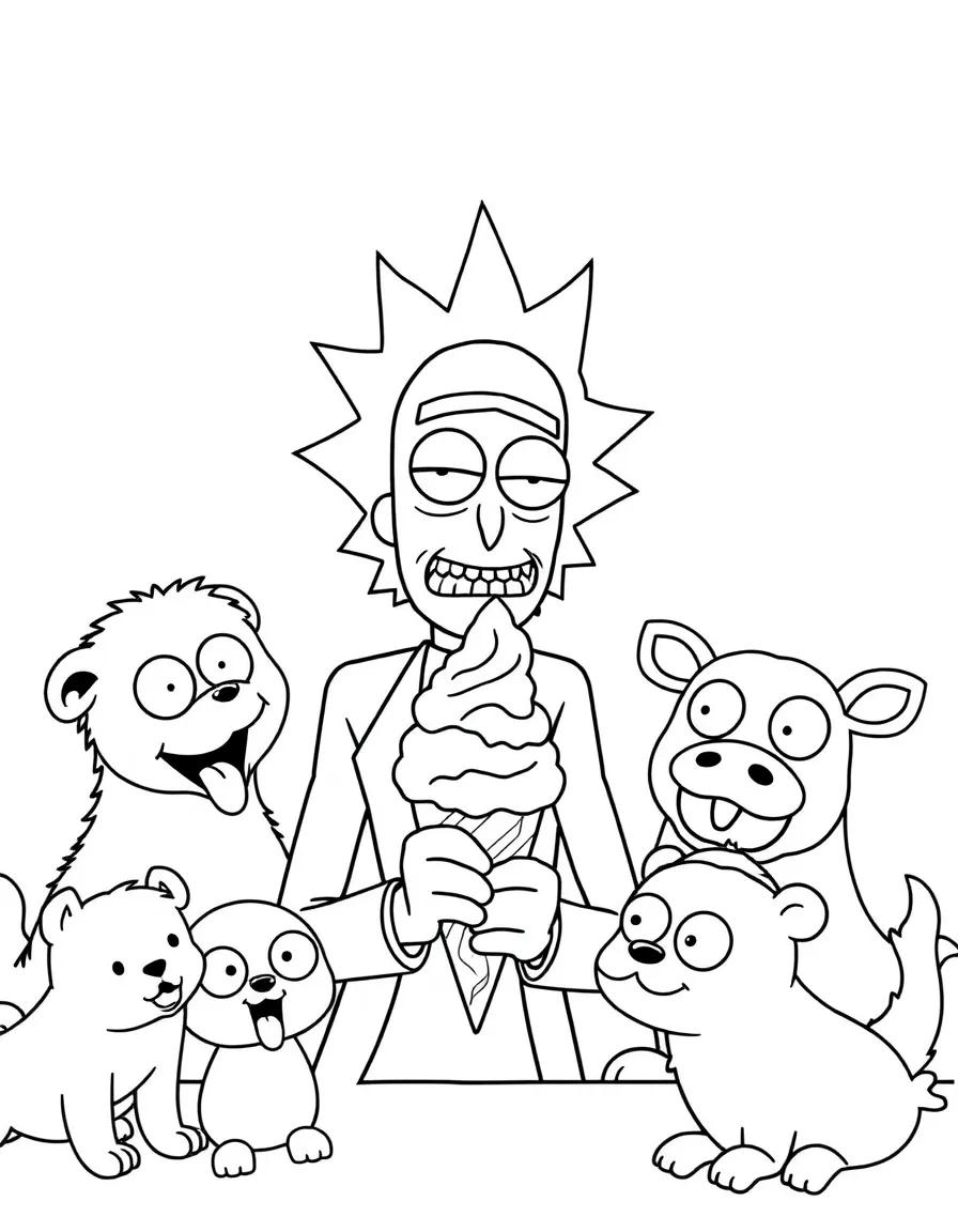 Rick and Morty enjoying an ice cream cone, surrounded by friendly animals.