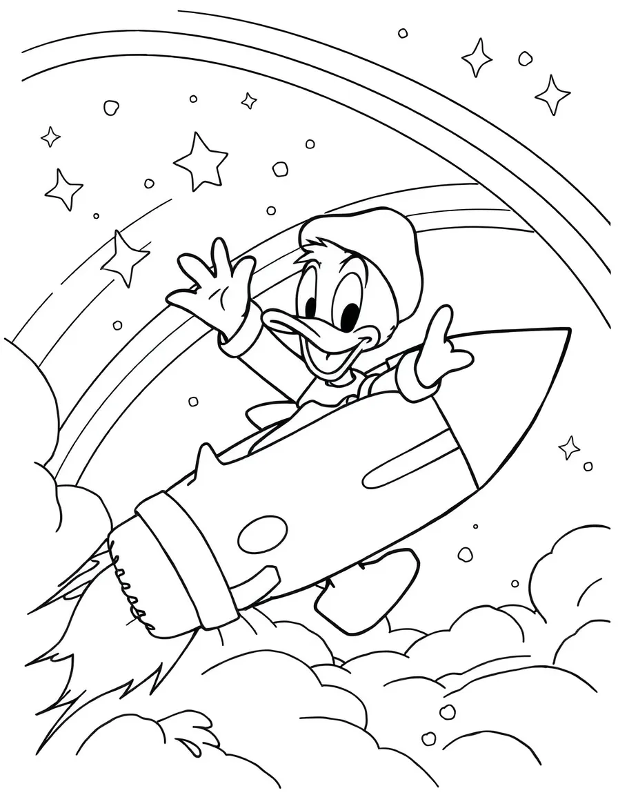 Donald Duck exploring space in a rocket, with stars and rainbows in the background.
