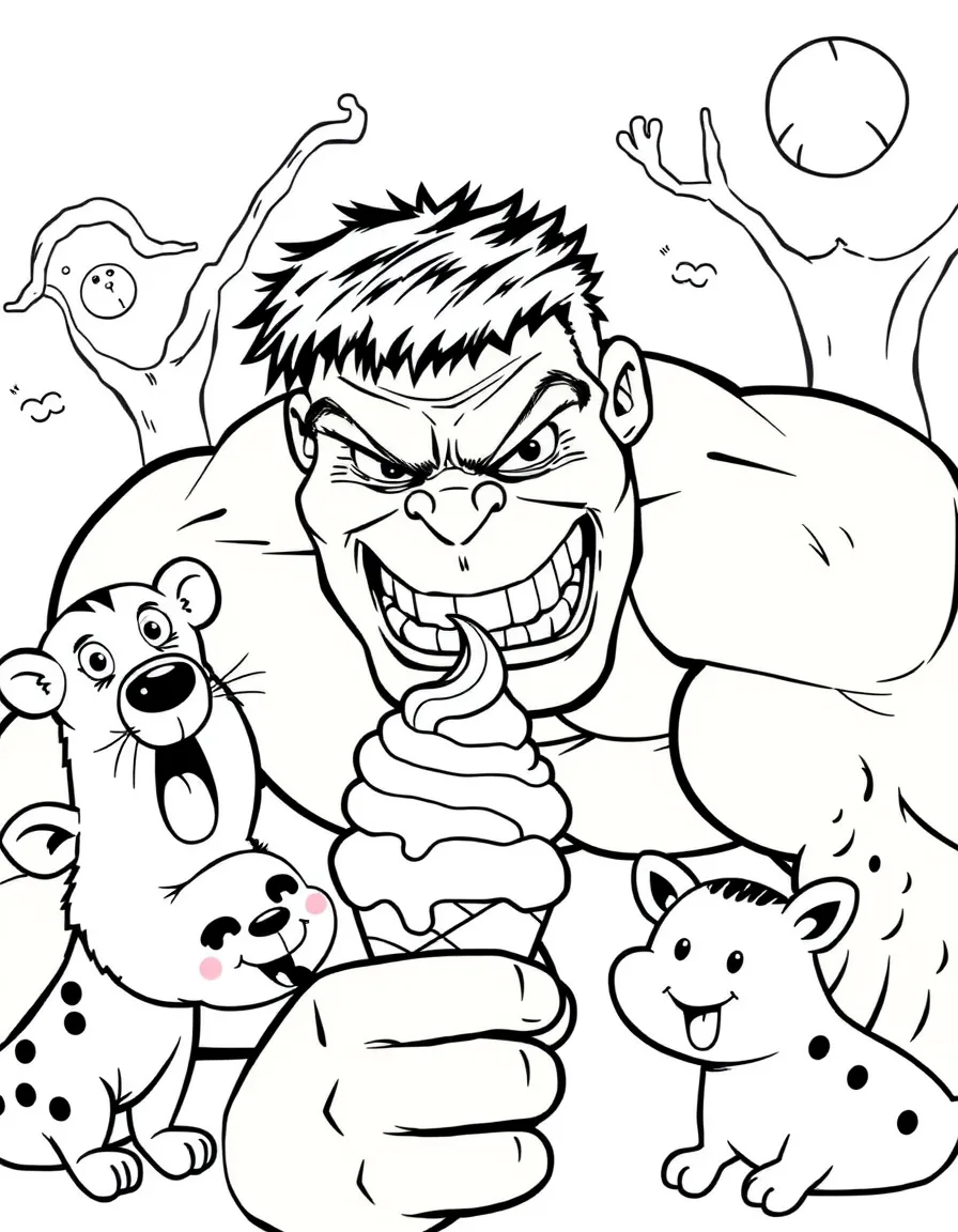 Hulk enjoying an ice cream cone, surrounded by friendly animals.
