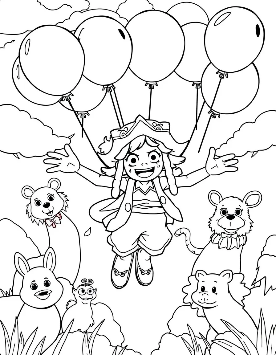 Usopp flying with balloons, surrounded by friendly animals.
