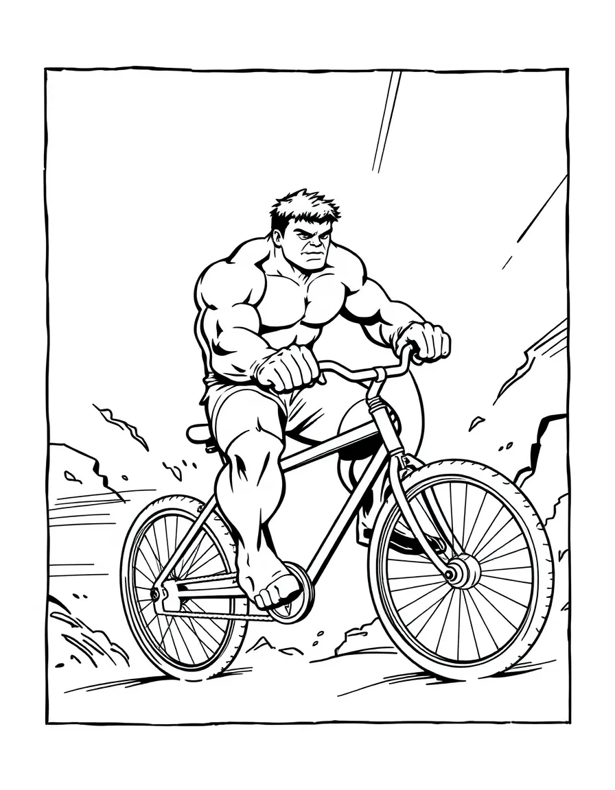 Hulk riding a bicycle, inside a comic book frame.