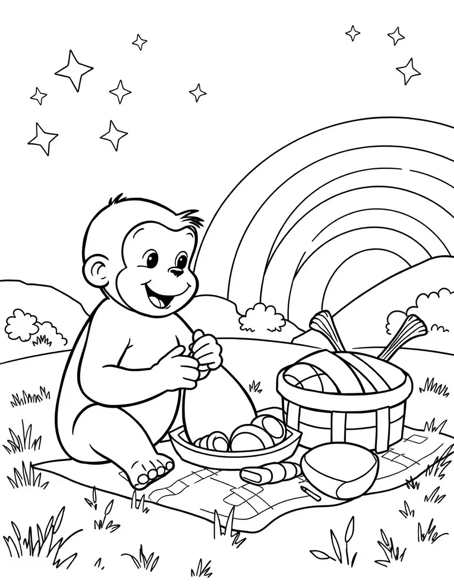 Curious George having a picnic, with stars and rainbows in the background.