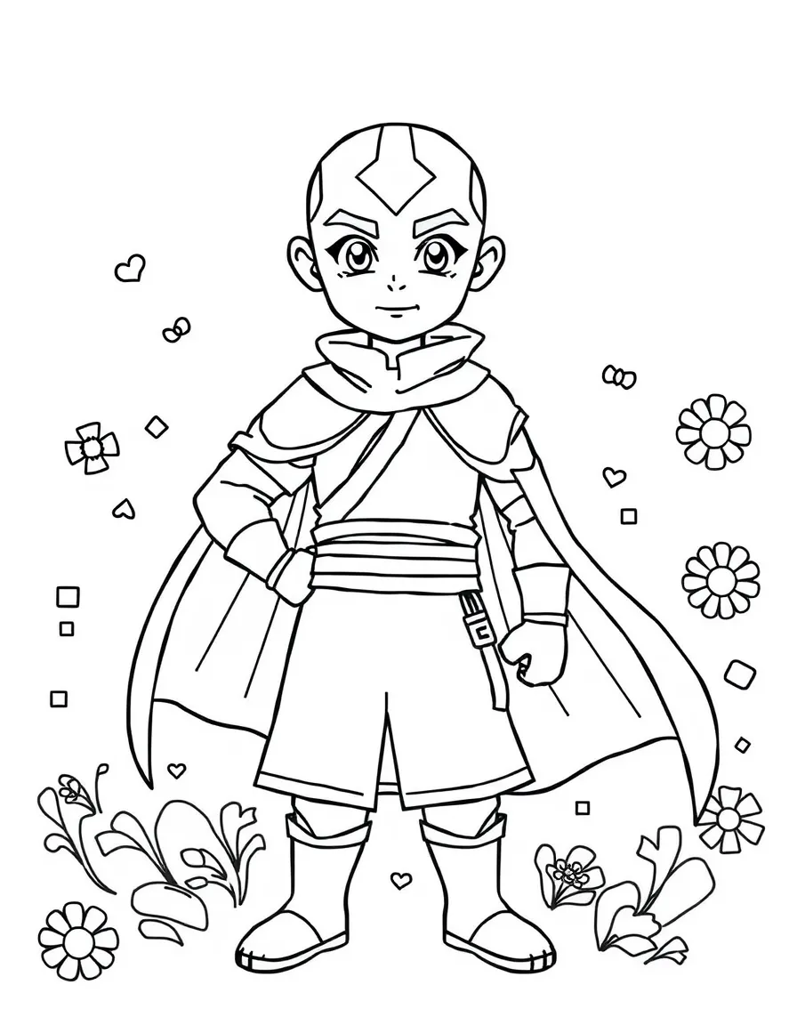 Avatar: The Last Airbender wearing a superhero costume, with playful patterns around.