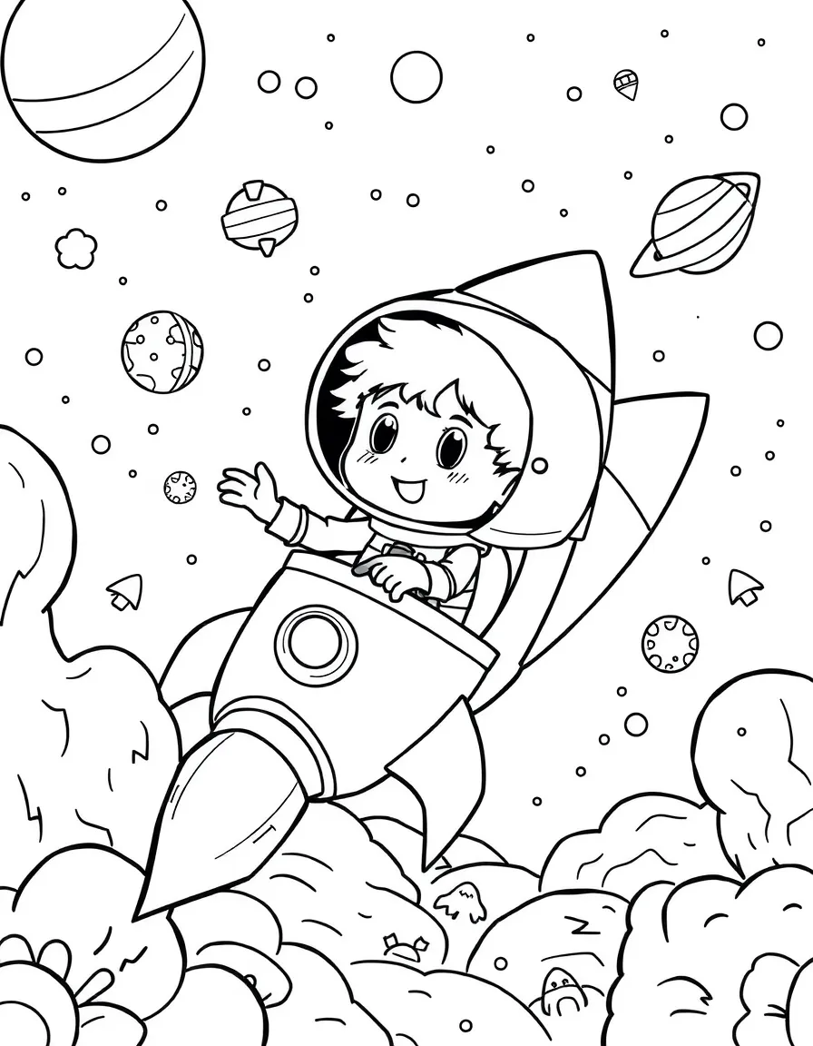 Usopp exploring space in a rocket, with fun background elements.