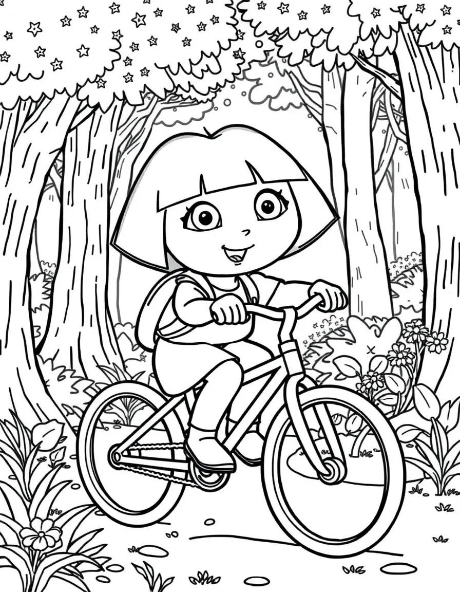Dora the Explorer riding a bicycle, in a magical forest setting.