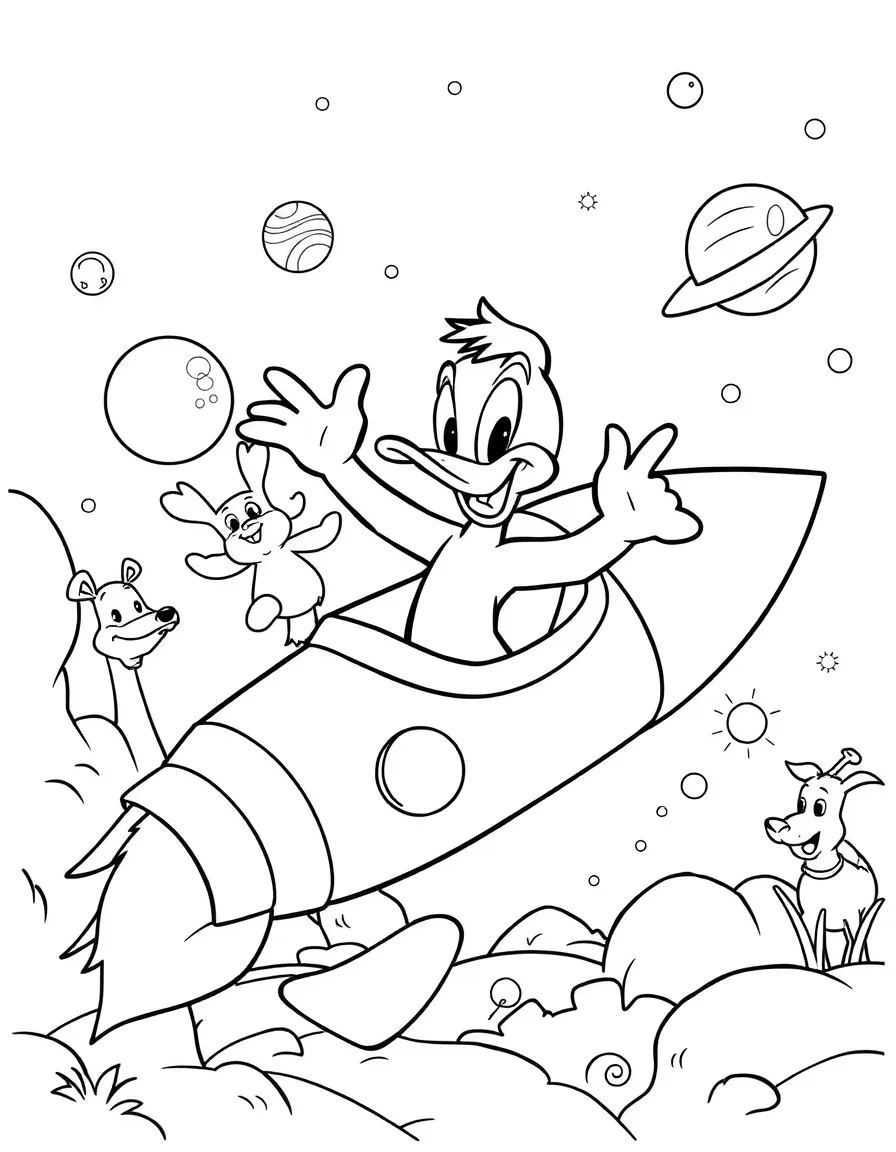 Daffy Duck exploring space in a rocket, surrounded by friendly animals.