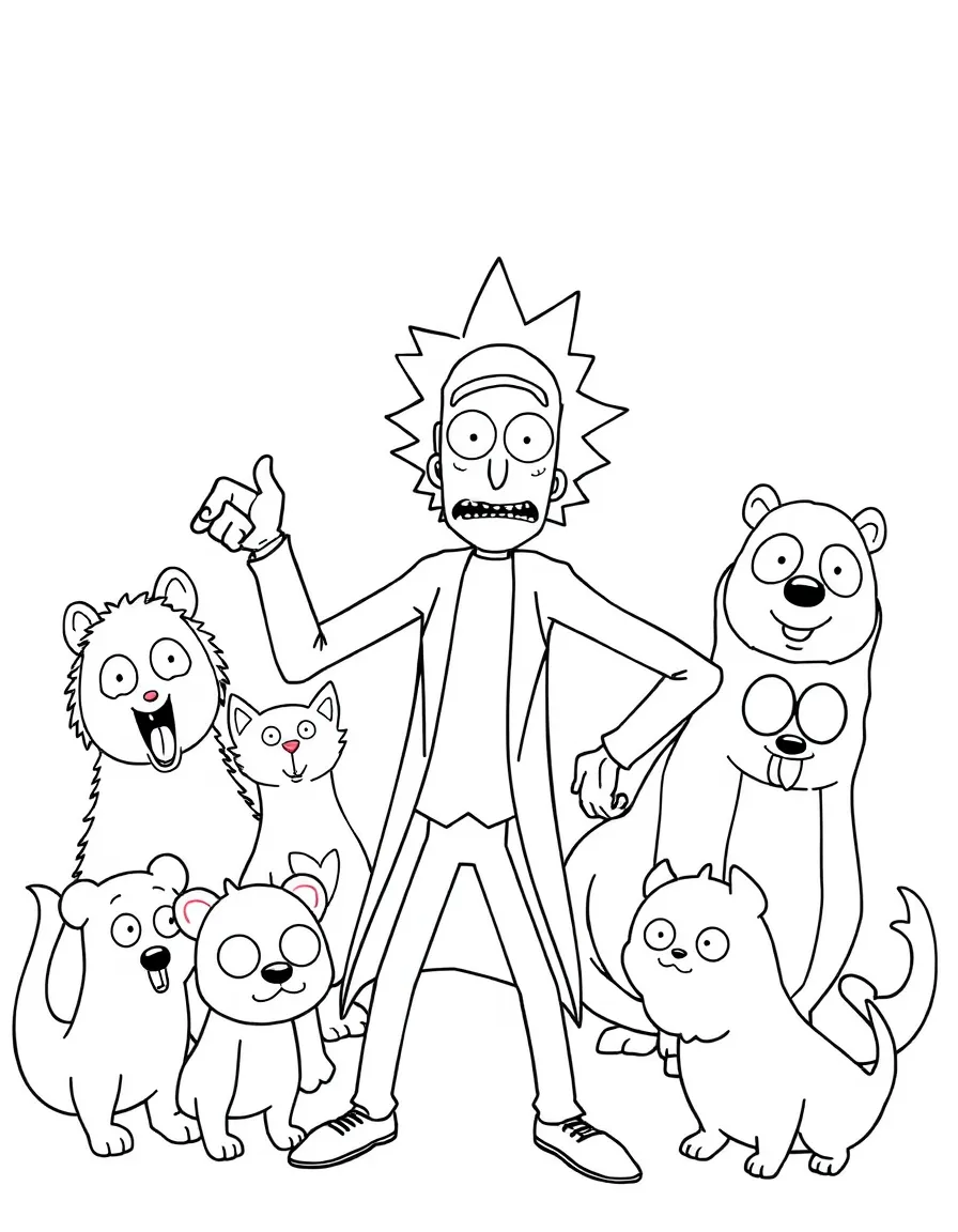 Rick and Morty posing heroically, surrounded by friendly animals.