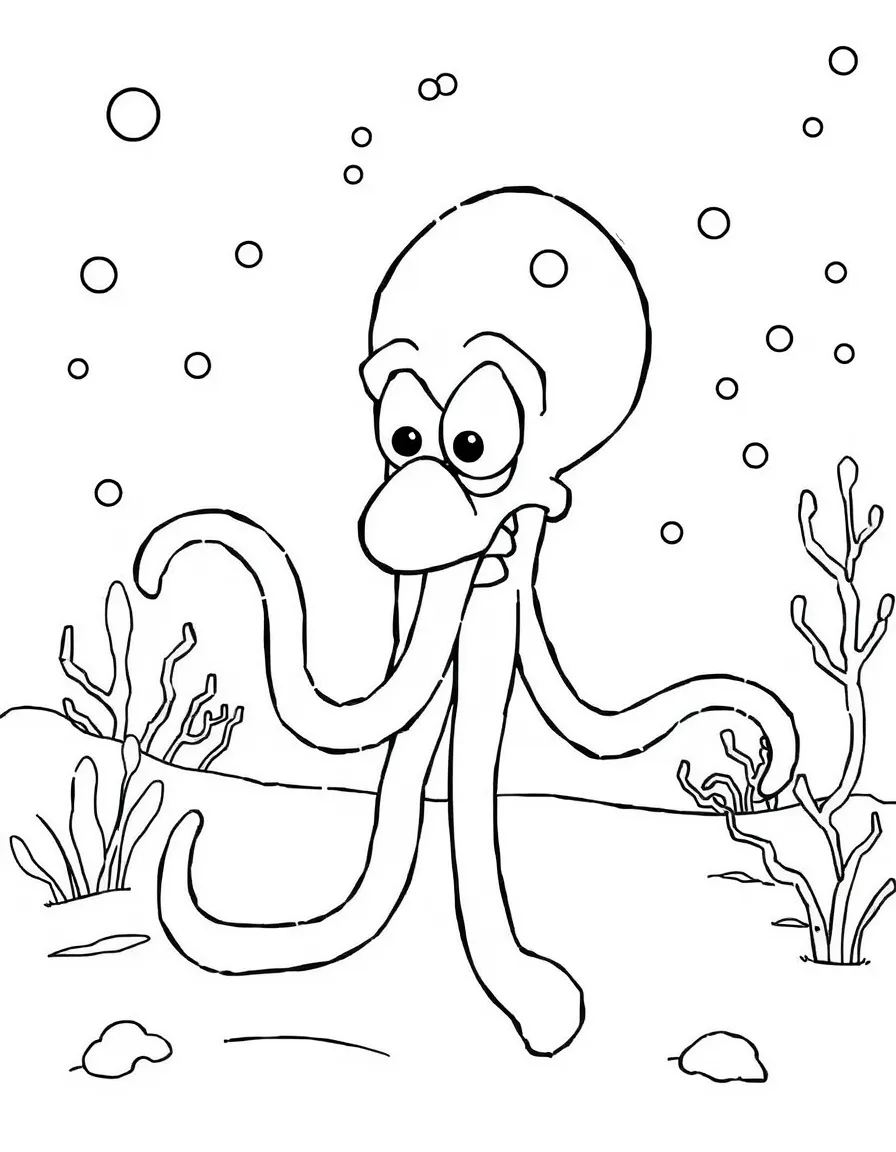Squidward Tentacles playing in the snow, with big bold outlines for easy coloring.