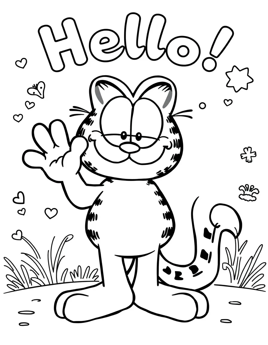 Garfield waving hello, with fun background elements.