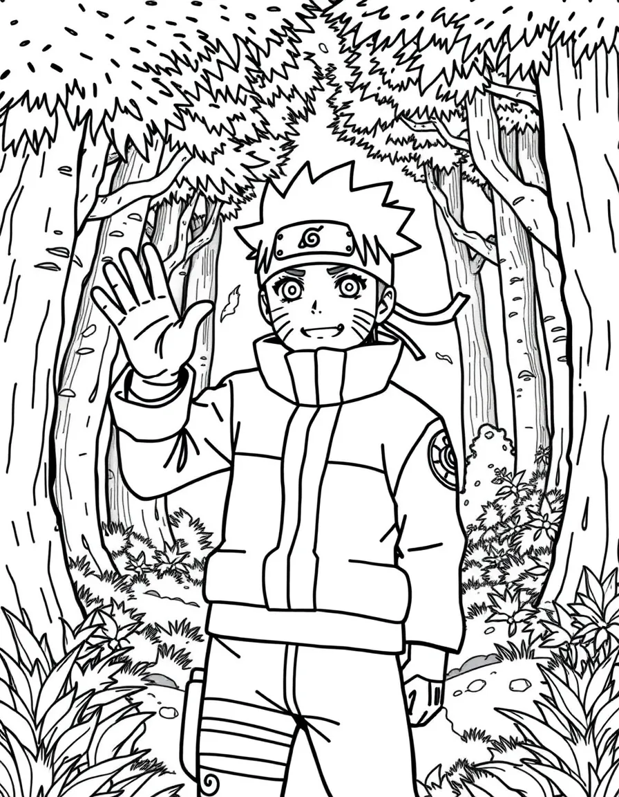 Naruto waving hello, in a magical forest setting.