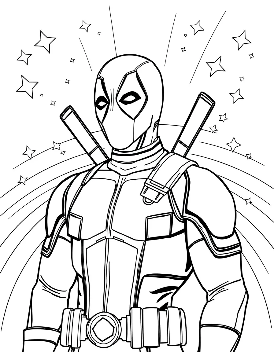 Deadpool wearing a superhero costume, with stars and rainbows in the background.