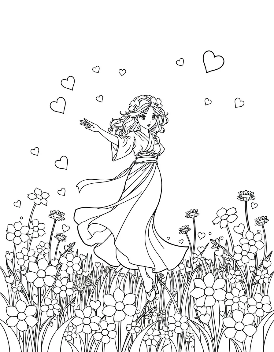 Sakura dancing in a field of flowers, with hearts and sparkles around.