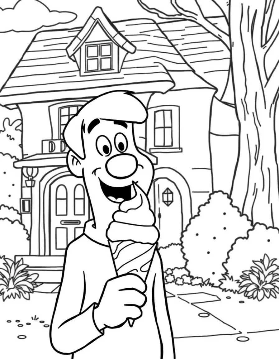 Shaggy Rogers enjoying an ice cream cone, in front of their famous house or scene.