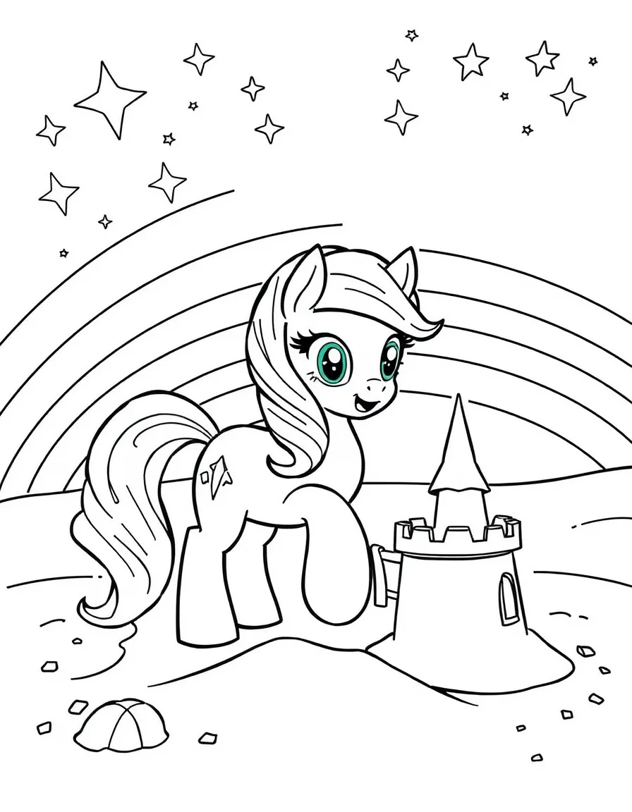 My Little Pony building a sandcastle, with stars and rainbows in the background.