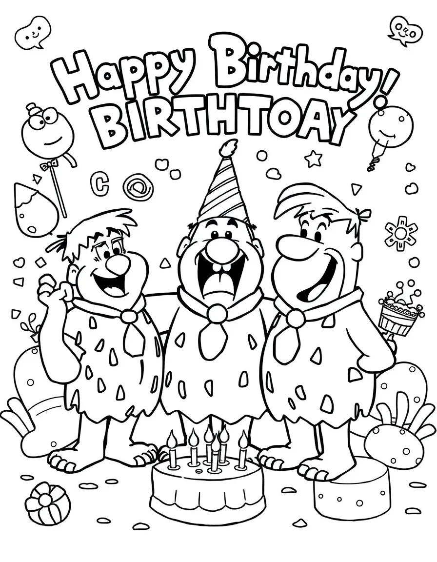 The Flintstones celebrating a birthday, with fun background elements.