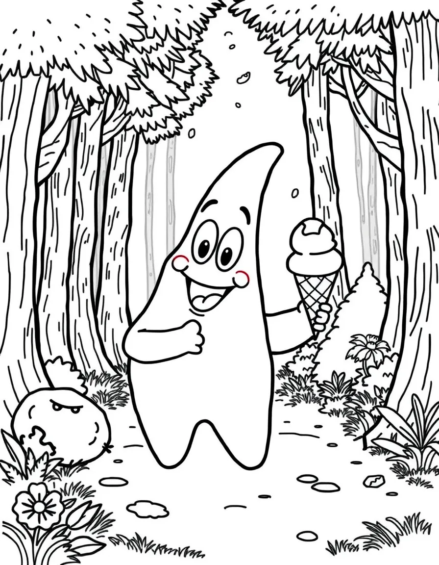 Patrick Star enjoying an ice cream cone, in a magical forest setting.