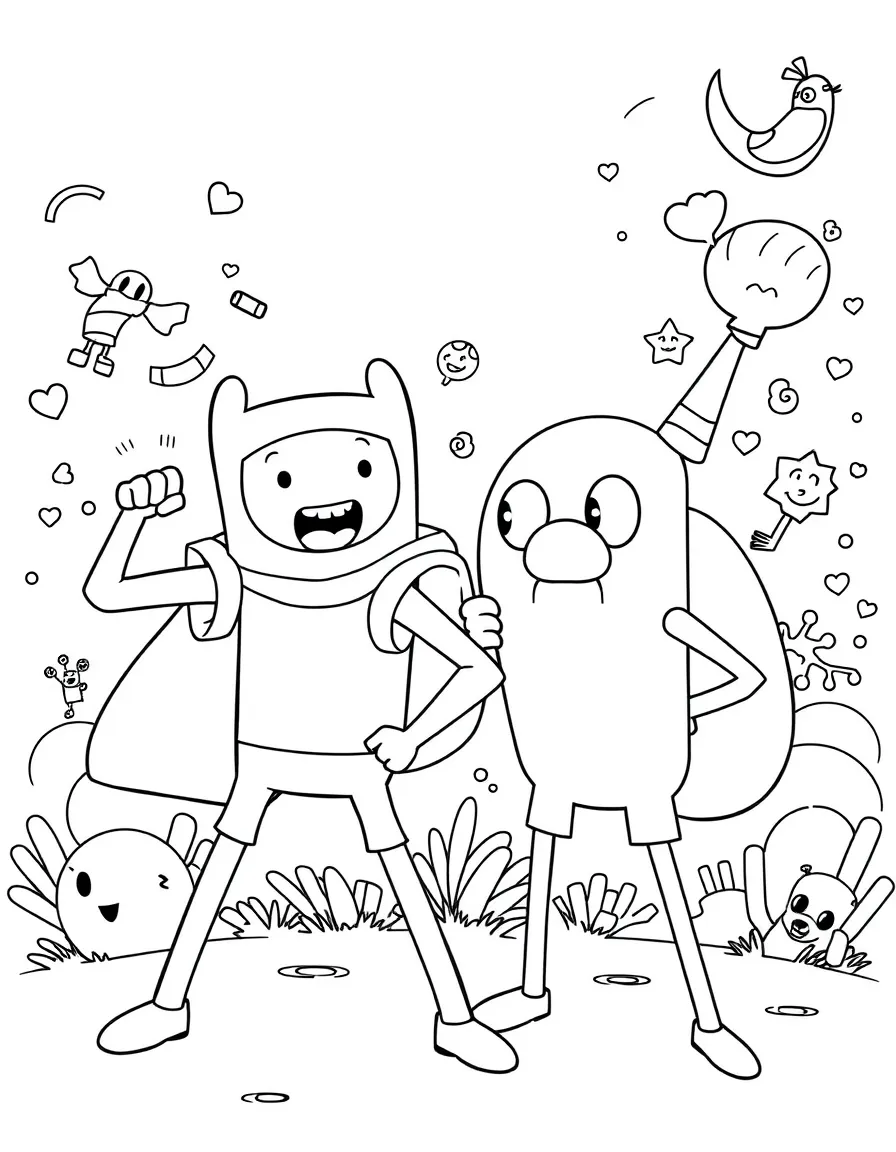 Finn and Jake posing heroically, with fun background elements.