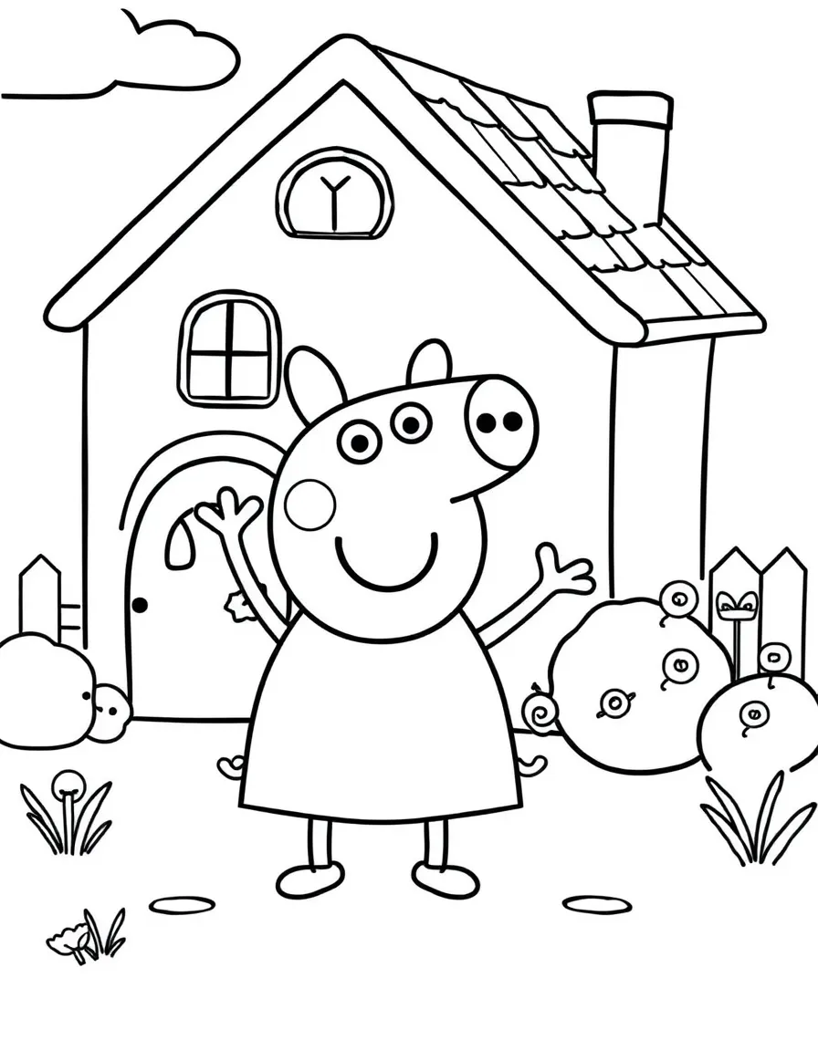 Peppa Pig waving hello, in front of their famous house or scene.