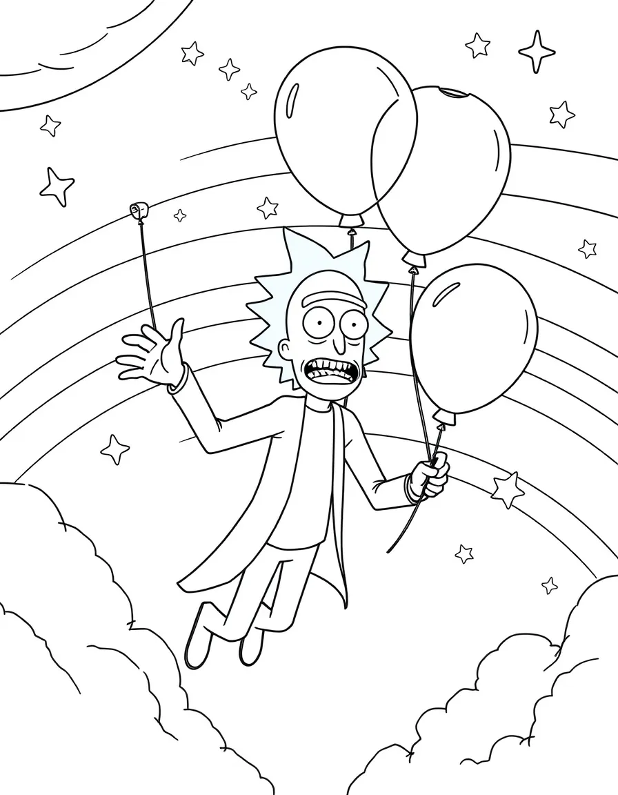 Rick and Morty flying with balloons, with stars and rainbows in the background.