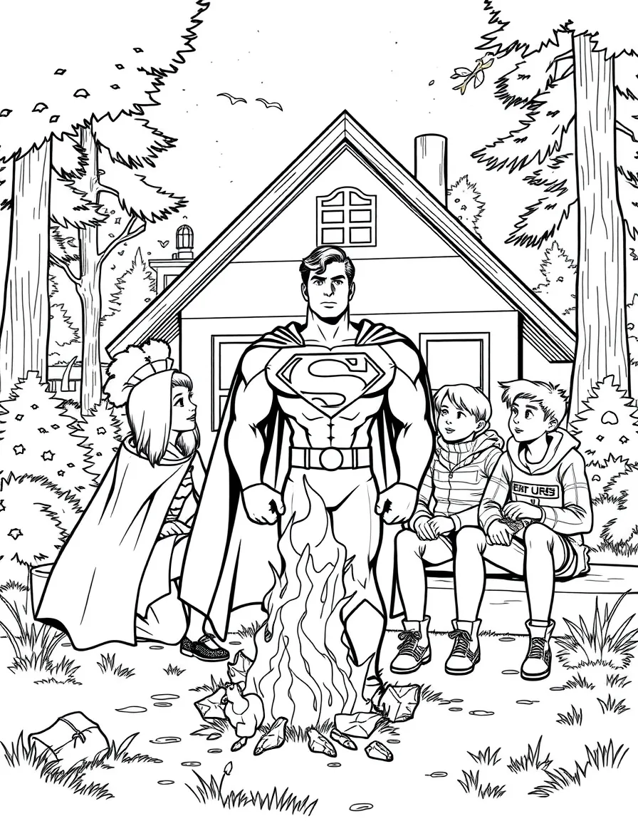 Superman camping with friends, in front of their famous house or scene.