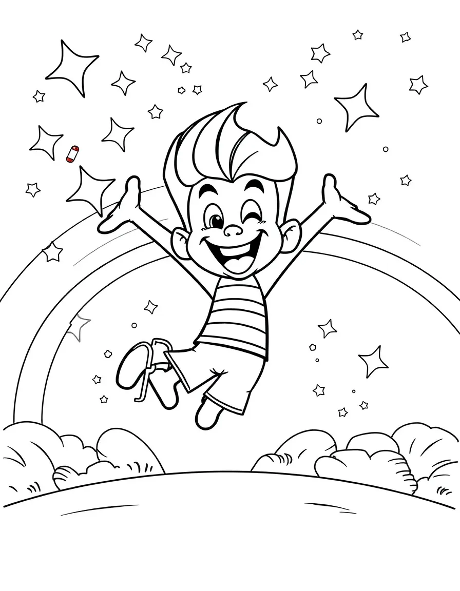 Jimmy Neutron jumping with joy, with stars and rainbows in the background.