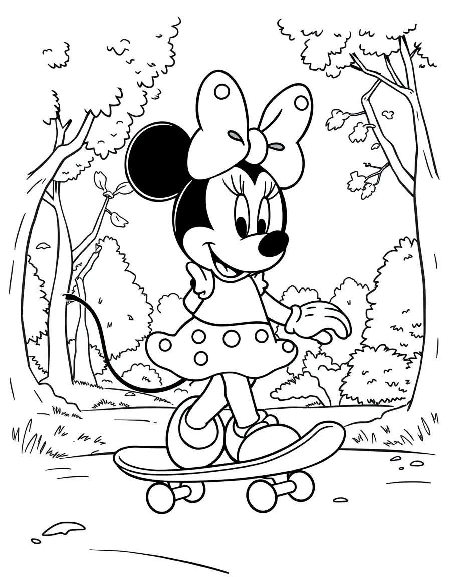 Minnie Mouse skateboarding in the park, inside a comic book frame.