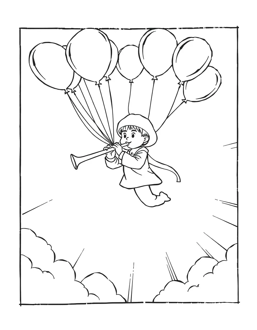 Piccolo flying with balloons, inside a comic book frame.